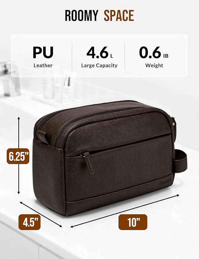 PU Leather Toiletry Bag for Men - Water Resistant Travel Bag for Toiletries, Bathroom Essentials, Accessories - Dark Brown