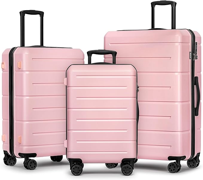 KYME Luggage Sets 3 Piece Hardshell 20"/24"/28" Suitcase with Wheels Hardside Suitcase Set with TSA Lock Large Travel Luggage Set for Women Pink