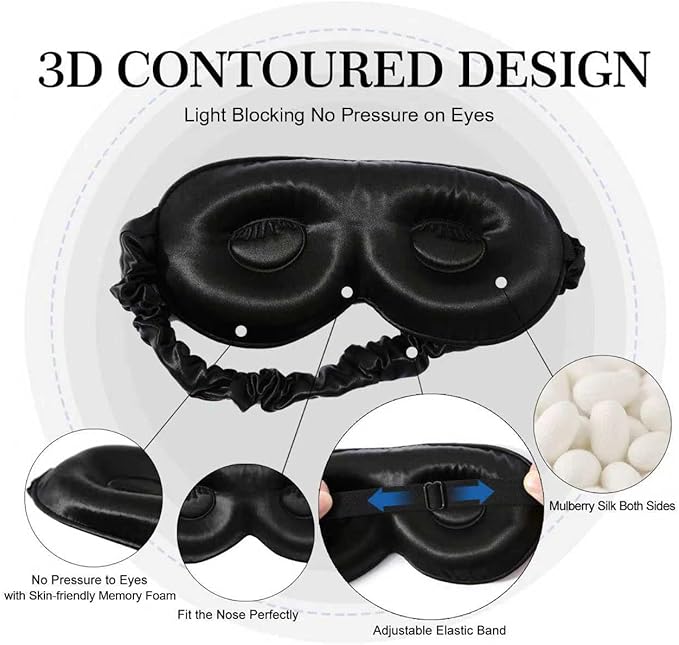 ZIMASILK Adjustable 22 Momme 100% Pure Mulberry Silk Sleep Mask, 3D Contoured Cup Eye Mask for Sleeping, Super Soft Breathable Blindfold, Perfect Blocks Light for Sleeping (Black)