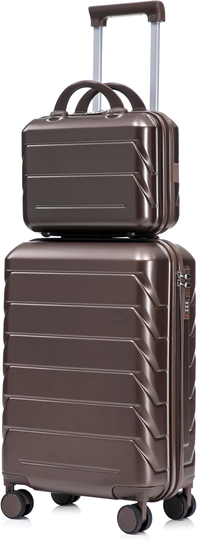 2-Piece ABS Hard Shell Lightweight Carry-On Luggage Set (14" & 20"), 360-Degree Spinner Wheels, Adjustable Telescopic Handle and Combination Lock for Travel, Brown