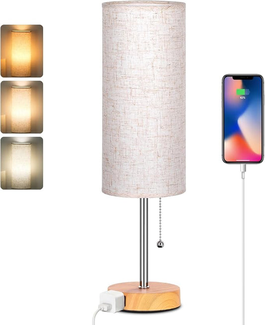 Dott Arts 18" Table Lamp for Bedroom, 3-Color Bedside Lamps with Pull Chain | Bedroom Table Lamps for Nightstand,AC Outlet Small Lamp for Living Room, Bulb Included Wood
