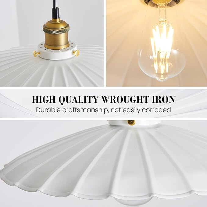 2Pack Hanging Lamp Plug in White 15.7" Shade Cozy Vintage Pendant Light for Kitchen Island and Dining Room, Farmhouse Hanging Lamp with Brass Accent, Adjustable Light Cord