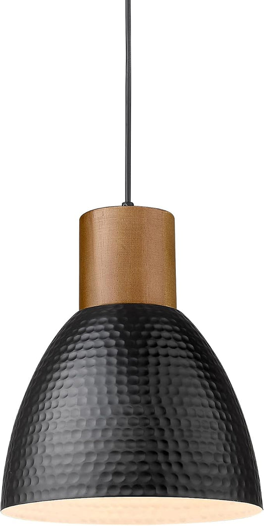 ELYONA Industrial Hammered Pendant Light 7” Small Solid Wood Hanging Lamp with Hammered Metal Shade, Farmhouse Pendant Light Fixtures for Kitchen Island, Dining Room, Bedroom, Office, Modern Black