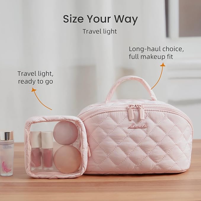 LOVEVOOK Travel Makeup Bag for Women, 2Pcs Puffer Waterproof Cosmetic Organizer, Large Capacity Pouch Open Flat Small Toiletry Bag with Brush Compartment & Handle (Pink-k, Medium)