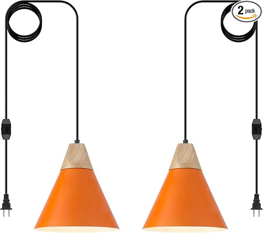 Orange Plug in Pendant Light, 2 Pack 9.4inch Hanging Lights with Plug in Cord 14.7 ft, Hanging Pendant Light, Hanging Lamp Plug in for Bedroom Living Room Kitchen Island