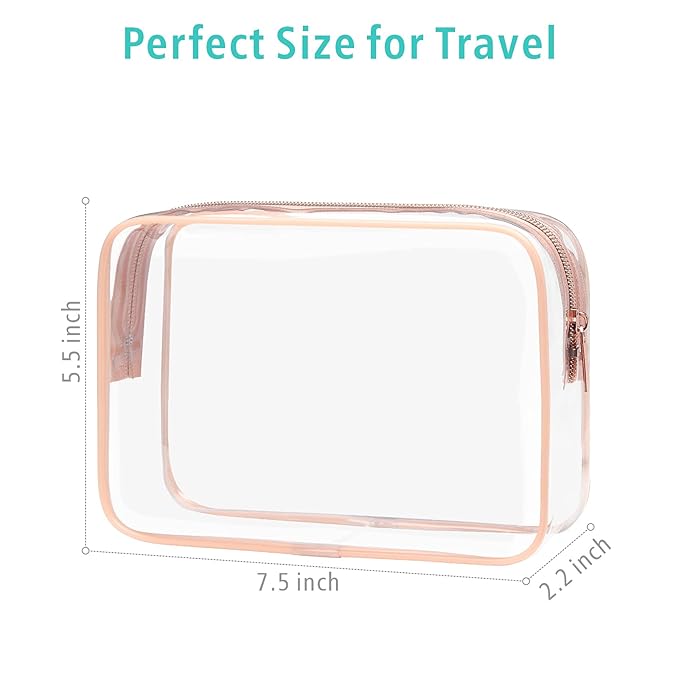 F-color TSA Approved Toiletry Bag 3 Pack Medium - Clear Makeup Bag Travel Quart Size for Women Men, Clear Cosmetic Bag Airport Airline Compliant Carry on Bag, Active Rose Pink