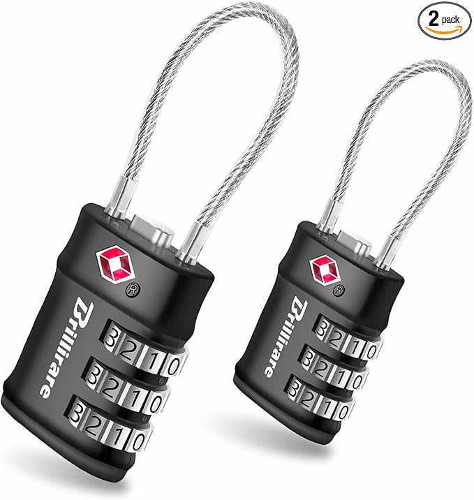 2 Pack TSA Approved Luggage Locks, Combination Travel Cable Lock, 3-Digit Waterproof Padlock, Zinc Alloy Outdoor Keyless Resettable Lock for Travel, Lockers, Bags, Backpack, Gym, Gate-by BRILLIRARE