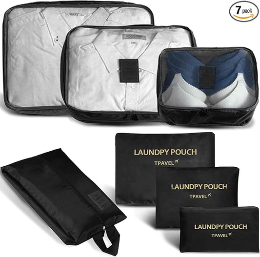 7 Set Packing Cubes for Travel Luggage Packing Bags Reusable Waterproof Suitcase Organizer Bags Set with Shoe Bag and Toiletry Bag (Black)