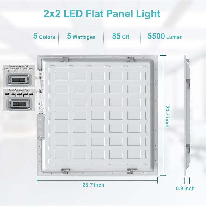 12Pack 2x2 LED Flat Panel Light,3000K-6500K & 5 Wattage Selectable | 50W 5500LM, 0-10V Dimmable, AC 120-277, Recessed 2x2 led drop ceiling light fixture for Office, Kitchen, Garage, School