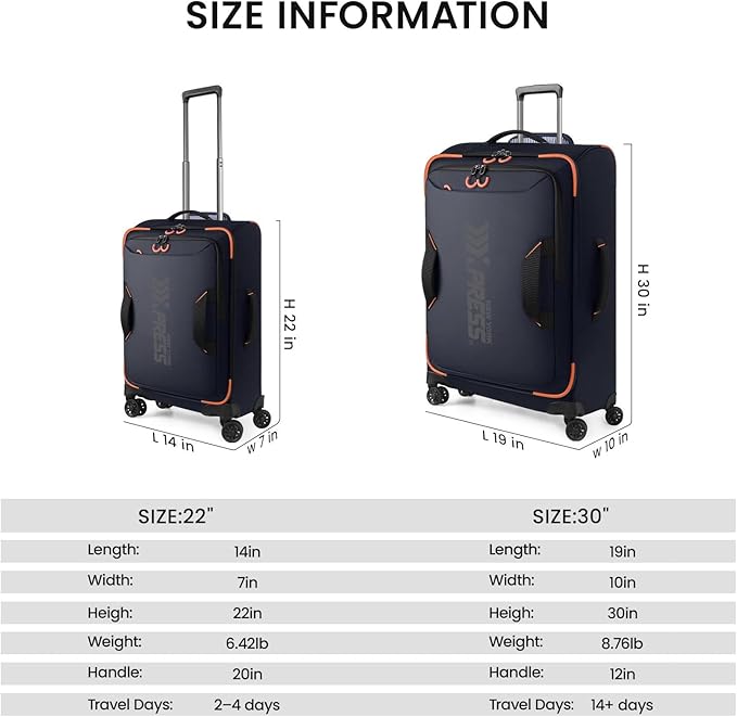 2-Piece Set（22in/30in） Front Opening,Softside Luggage Sets w/Double Spinner Wheels Suitcase,Waterproof,Lightweight Travel Luggage Rolling Suitcase（Blue,22in/30in）