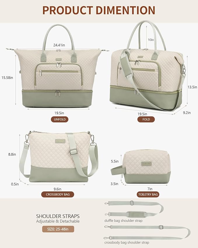 Weekender Bags for Women, Travel Duffle Bag Carry On Overnight Bag with Cosmetics Bag and Crossbody Purse for Gym Hospital, Gifts for Women, Beige Green