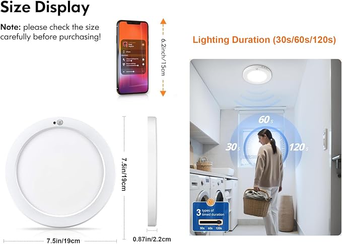 Motion Sensor Ceiling Light Hardwired, 7.5 Inch 3000K 4000K 6000K Selectable LED Flush Mount Ceiling Light Fixture with Timer, 15W Motion Sensor Light Indoor for Closet Hallway Laundry Stairs