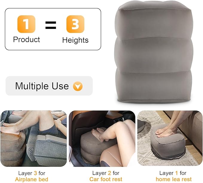 Inflatable Travel Foot Rest Pillow, Kids Airplane Bed, Adjustable Height Leg Pillow for Air Travel, Make a Flat Bed for Toddlers, Great for Airplane,Train,Small Size(Grey, 1 Pack