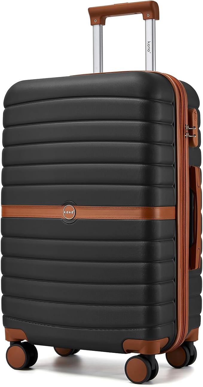 Kono Expandable 24 Inch Luggage with Spinner Wheels, Medium Checked Luggage with Lock, Lightweight & Anti-Scratch PC+ABS Hardshell Travel Suitcase, Black/Brown