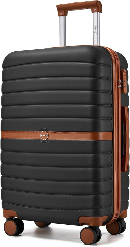 Kono Expandable 24 Inch Luggage with Spinner Wheels, Medium Checked Luggage with Lock, Lightweight & Anti-Scratch PC+ABS Hardshell Travel Suitcase, Black/Brown