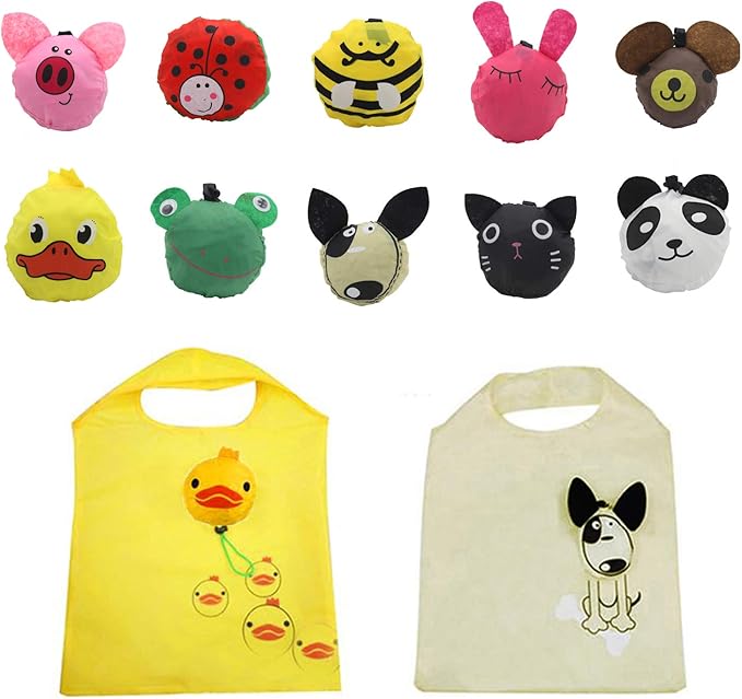 10PCS Folding Shopping Bags Reusable Shopping Tote Bags Compact Eco Periodic Duty Recycling Use Shopping Bags (Animals)