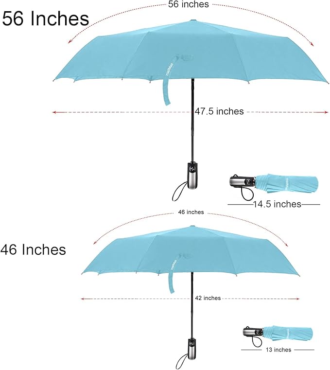 TradMall Travel Umbrella Windproof with 46 Inches Large Canopy 10 Reinforced Fiberglass Ribs Ergonomic Handle Auto Open & Close, Sky Blue