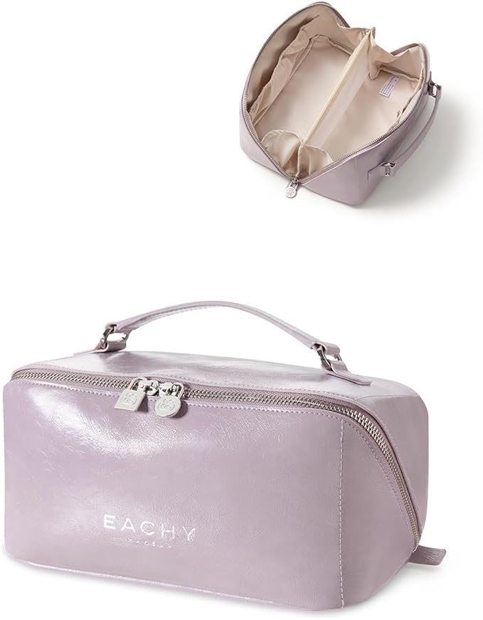 EACHY Travel Makeup Bag, Large Capacity Cosmetic Bag for Women, Waterproof PU Leather, Flat Open Portable Toiletry Bag for Skincare, Brushes & Travel Essentials