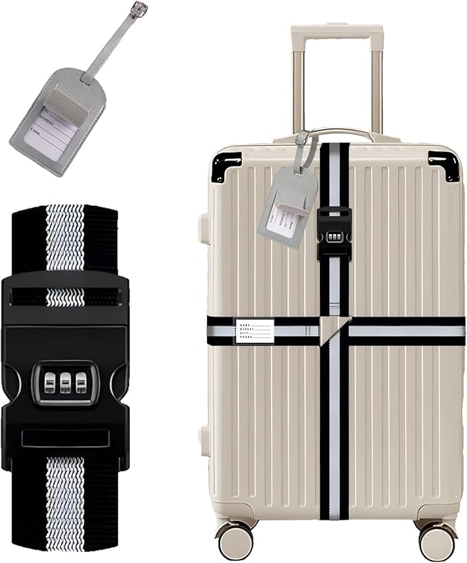 Luggage Straps for Suitcases,Travel Luggage Straps with Lock and Luggage Tags,Suitcase Strap,Adjustable Colorful Travel Belt for Travel Suitcase Bag Closure Accessories.(Black Gray)