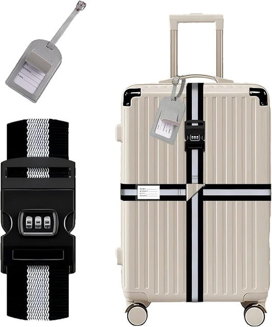 Luggage Straps for Suitcases,Travel Luggage Straps with Lock and Luggage Tags,Suitcase Strap,Adjustable Colorful Travel Belt for Travel Suitcase Bag Closure Accessories.(Black Gray)