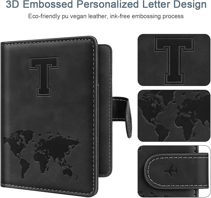 Passport Holder Wallet Cover Personalized Letter A-Z Travel Wallet RFID Blocking Passport Cover Wallet Case for Travel Passport Book Holders for Women and Men, Black-T