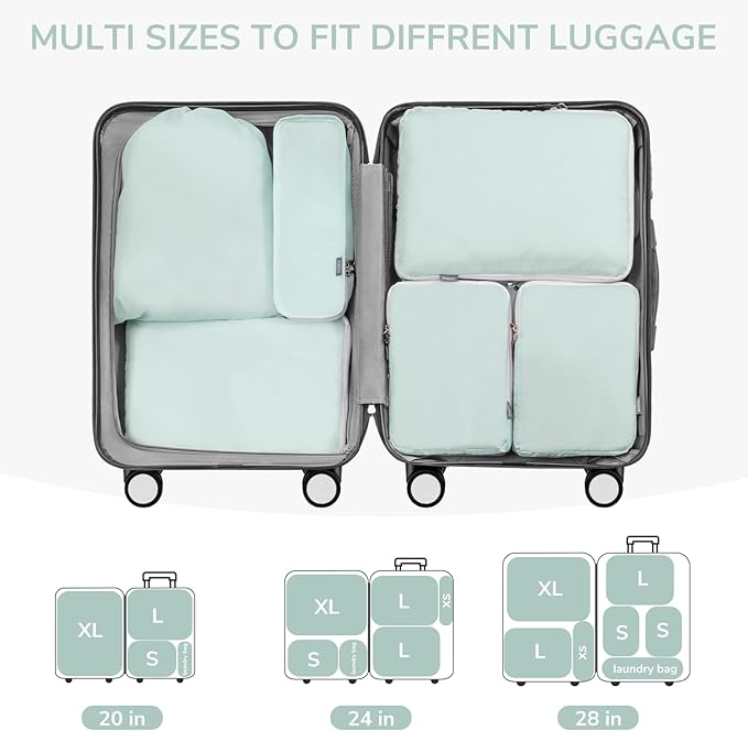 CherryNow Compression Packing Cubes, 7 Set Packing Cubes for Travel, Travel Essentials for Suitcase, Luggage Organizer Bags for Travel with Shoe Bag, Grey Blue
