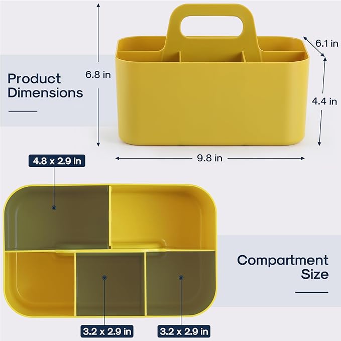 Multiuse Caddy Organizer with Handle, Portable Divided Plastic Tote Bin - Art Craft, Stationary Pen Marker Crayon, Makeup Hair Supplies Storage - Bathroom, Classroom, Dorm, Office, Desk Holder -Yellow