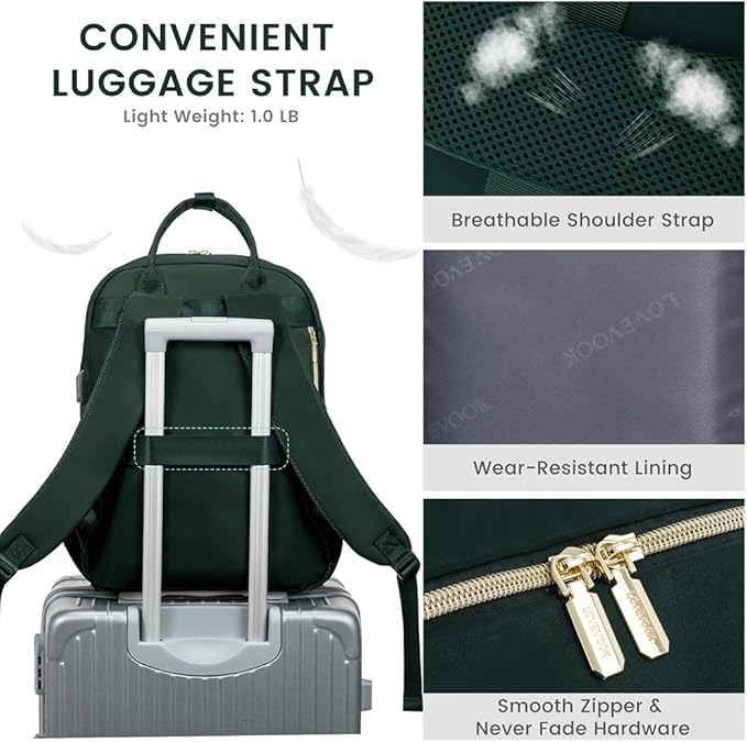 LOVEVOOK Laptop Backpack for Women, Water Resistant Travel Work Backpacks Purse Stylish Business Teacher Nurse Computer Bag with USB Charging Port,Dark Green