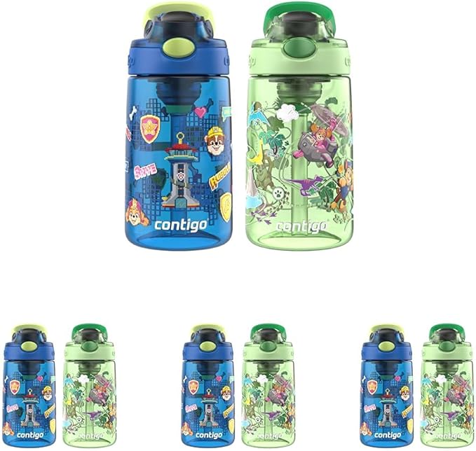 Contigo Aubrey Paw Patrol Leak-Proof Spill-Proof, 8-Pack Water Bottle with Autospout, 14oz, Power Pups and Dino Treks, Green and Blue