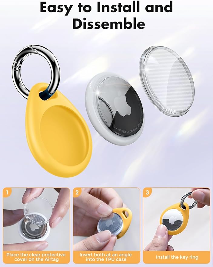 UNBREAKcable Holder for Apple AirTag - 4 Pack [Fit Tightly Design] [Easy to Install] [Hold Air Tag Securely] Waterproof TPU Shell Protective Case with All Metal Keychain Key Ring Clip