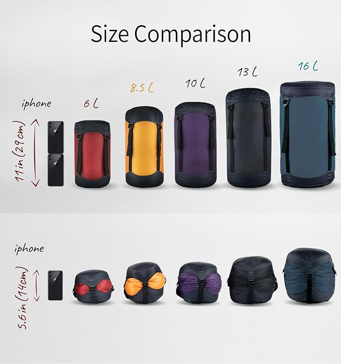 Compression Stuff Sack 6L, 8.5L, 10L, 13L, 16L, Water Resistant Lightweight Compact with Ripstop Fabric Sleeping Bag Sack with Drawstring Closure for Camping, Backpacking, Traveling(E638)
