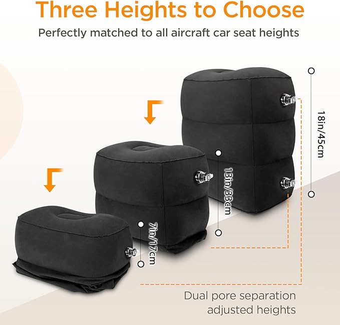 HOMCA Inflatable Travel Foot Rest Pillow (1-Pack) Adjustable Height Leg Pillow Fast Inflating Airplane Bed for Toddlers Footrest Pillow for Office, Airplane, Train, Cars, Home (Black)