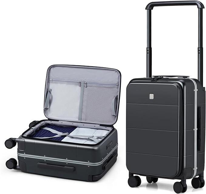 Hanke Top Opening Carry On Luggage, 20 Inch All-PC Aluminum Frame Wide Handle Luggage, Hard Shell Trunk Suitcase with Spinner Wheels, TSA Airline Approved (Jet Black, 40L)
