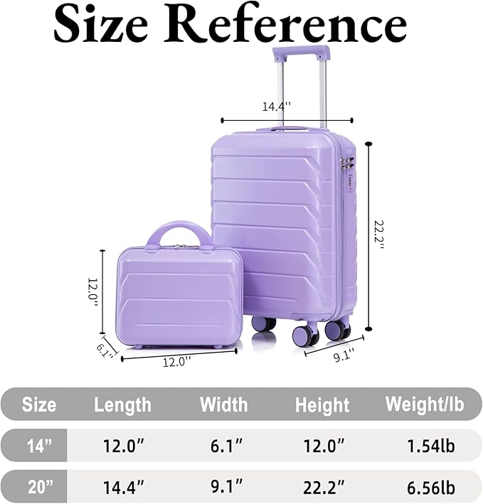 2-Piece ABS Hard Shell Lightweight Carry-On Luggage Set (14" & 20"), 360-Degree Spinner Wheels, Adjustable Telescopic Handle and Combination Lock for Travel, Purple