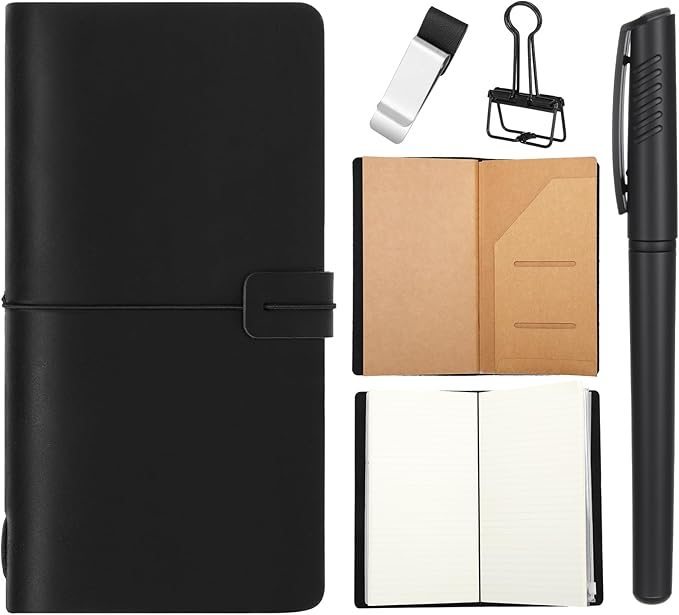 Thenshop Travelers Refillable Leather Journal Notebook Travel Diary Handmade Passport Travelers Journal for Men and Women with 3 Notebook Inserts, Pen Holder, Binder Clip(Black,Stand Size)