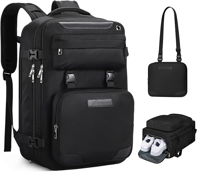 Maelstrom Travel Backpack for Women Men,35L Waterproof Laptop Backpack Fits 17-Inch Laptop, Gift for School Work Backpack with Detachable Crossbody Bag & Shoe Compartment (Black, Large-Upgrade)