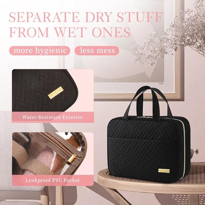 HOTOR Travel Toiletry Bag - Hanging Toiletry Bag for Women & Men, Makeup Bag/Big Comparment, Waterproof for Travel Accessories, Travel Essentials, Large, Black