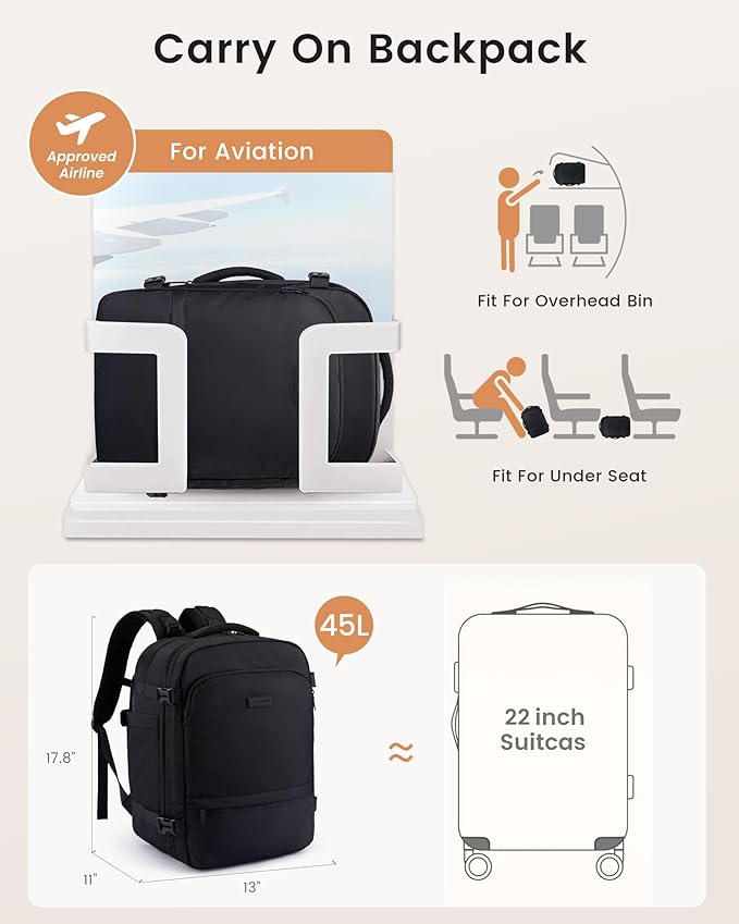 LOVEVOOK Travel Backpack for Women & Men, Carry On Backpack with Cup Holder, Personal Item Travel Bag Flight Approved with Padded Laptop Compartment, Weekender Daypack With 2 Cubes, 17.3 Inch Black