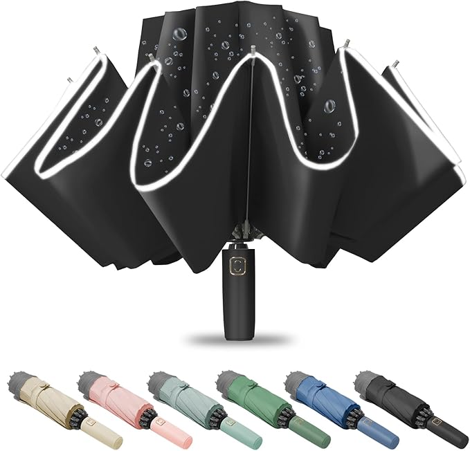 Fogkey Large Windproof Travel Umbrella, Portable Reverse Folding Car Umbrella, Compact Inverted Design with Waterproof Canopy, Automatic, 10 Durable Ribs, 45.6/13 Inch, Fits Backpack
