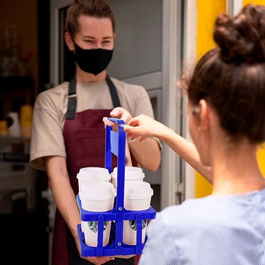 Bodaon 4 Cup Drink Carrier with Handle, Plastic Cup Carriers for Drinks, Drink Holder for Car, Take Out Delivery Drivers Accessories, Portable Foldable Reusable Mobile, Use for Food Delivery Bag, Blue
