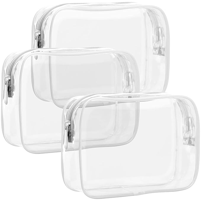 F-color TSA Approved Toiletry Bag 3 Pack Medium - Clear Makeup Bag Travel Quart Size for Women Men, Clear Cosmetic Bag Airport Airline Compliant Carry on Bag, Active White