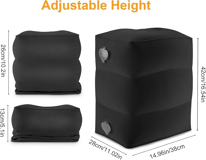 Inflatable Travel Foot Rest Pillow, Kids Airplane Bed, Adjustable Height Leg Pillow for Air Travel, Make a Flat Bed for Toddlers, Great for Airplane, Train, Car, Small Size（Black, 1 Pack）