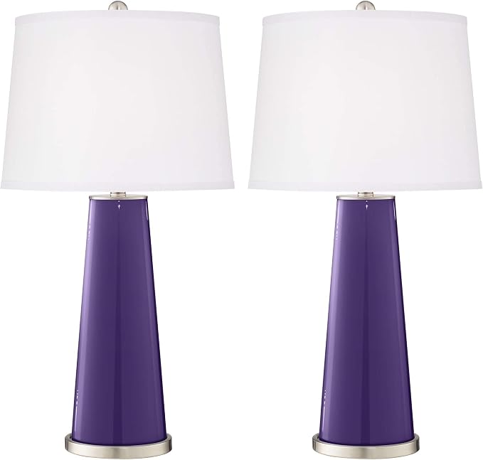 Color + Plus Leo 29 1/2" Tall Modern End Table Lamps Set of 2 Izmir Purple Finish Glass Fabric White Shade Living Room Bedroom Bedside Nightstand House Office Family Reading Kitchen Entryway