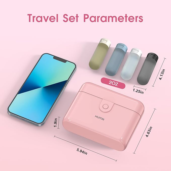 Travel Bottles with Case, 4x2oz TSA Approved, Leak-Proof, Press to Unlock, Compact & Portable Travel Toiletries (Pink)