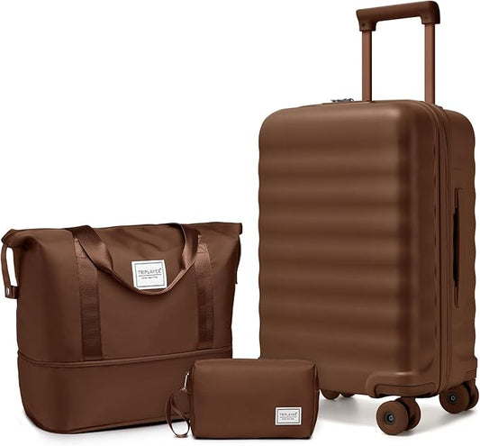 Luggage Sets 3 Piece, Carry On Luggage 22x14x9 Airline Approve PC Hardside Suitcase Set with Wheels TSA Lock, Durable Carry-On Suitcase with Duffel Bag for Women (Mocha)