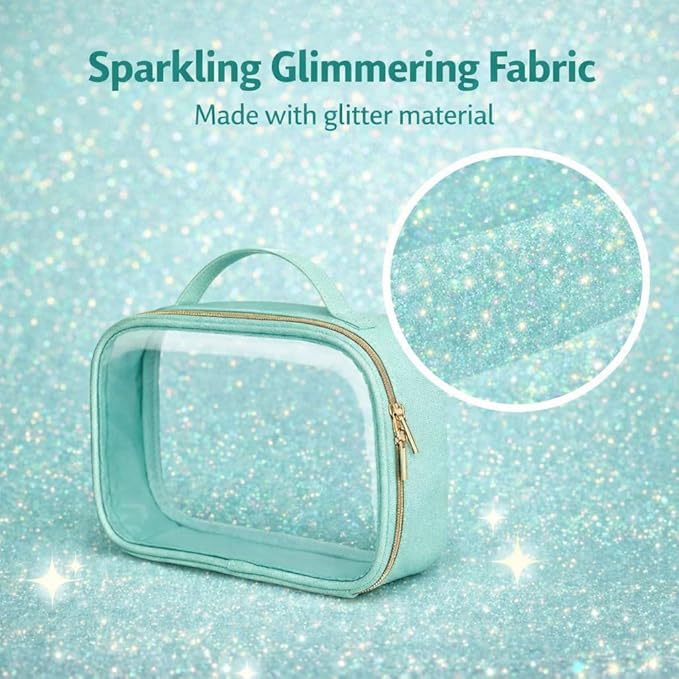 PACKISM Glitter Texture TSA Approved Toiletry Bag Set, Style Clear Makeup Bag with Handle, 1 TSA Medium & 1 Large for Travel, Gift for Women, Green