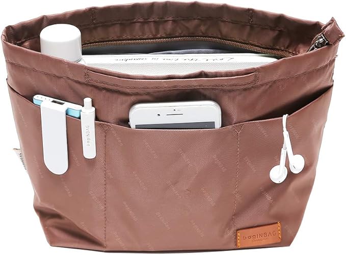 iN. Purse Organizer Insert with zipper, Nylon fabric Storage Bag with handles, for womens Handbags & Tote bags, neverfull, lightweight medium sized Brown