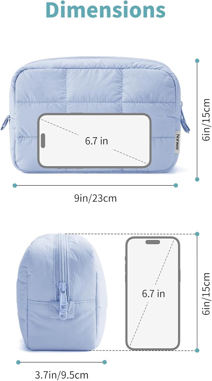 Narwey Quilted Makeup Bag for Women Girl, Puffer Travel Cosmetic Bag Puffy Make Up Bag Organizer, Cute Travel Toiletry Bag for Toiletries (Blue)