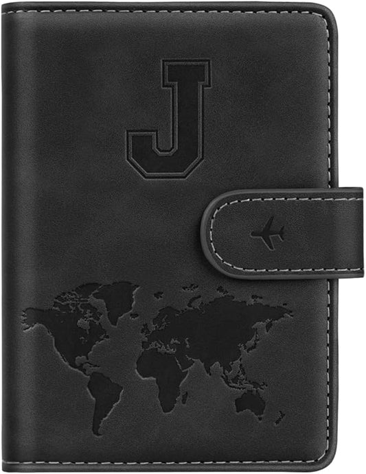 Passport Holder Wallet Cover Personalized Letter A-Z Travel Wallet RFID Blocking Passport Cover Wallet Case for Travel Passport Book Holders for Women and Men, Black-J