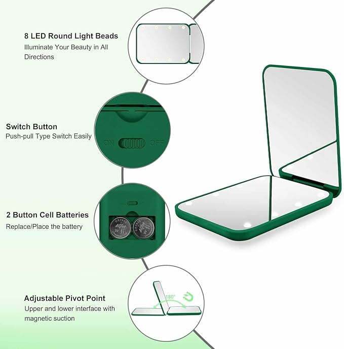 Kakuje Compact Mirror, 1X/3X Magnification LED Pocket Mirror with Nternal BIattery, Mini Mirror for Purse, Pocket,Travel and Present (Green)
